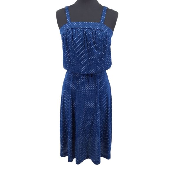 Vintage Dresses & Skirts - VTG 70s Navy Blue White Micro Polka Dot Blouson Fit Flare Sundress Size S Dress